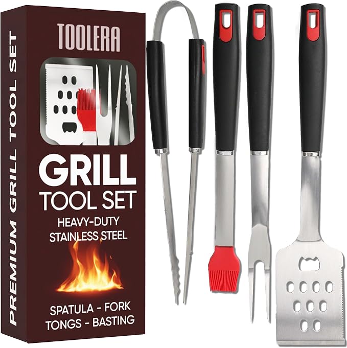 Grill Accessories Kit, BBQ Grill Set, Stainless Steel Grilling Accessories for Outdoor Grill, Spatula, Fork, Brush & BBQ Tongs (4 Pieces)