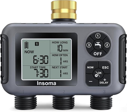 Insoma Water Timer with Brass Inlet, 3 Independent Zones Outdoor Hose Timer for Garden Faucet with Auto/Manual/Rain Delay Mode, IPX5 Waterproof, Sprinkler Irrigation Controller for Yard Lawn