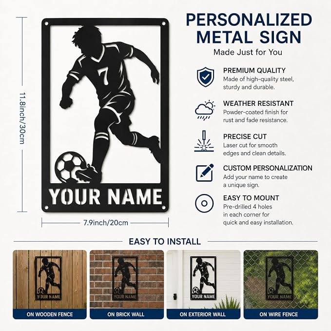 Custom Soccer Ball Metal Name Sign – Personalized Soccer Team Wall Art, Sports Name Decor, Gift for Football Players & Fans