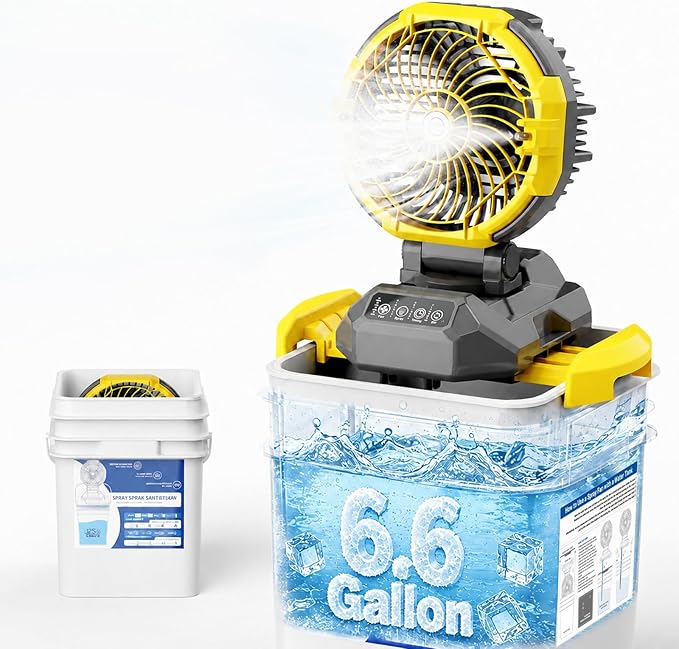 Portable Misting Fan with 6.6 Gallon Bucket, 30000mAh Rechargeable Battery Powered Floor Cooling Fan with 4 Strong Winds & 4 Spray Mister, Outdoor Oscillation Fans for Camping/Patios/Beach/Worksite