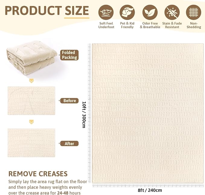 Yamaziot Washable 8x10 Area Rugs for Living Room Textured Non Slip, Beige | Modern High-Low Geometric Pattern, Soft Fluffy, Neutral, Minimalist Floor Carpet for Bedroom Dining Room Nursery Kids Room