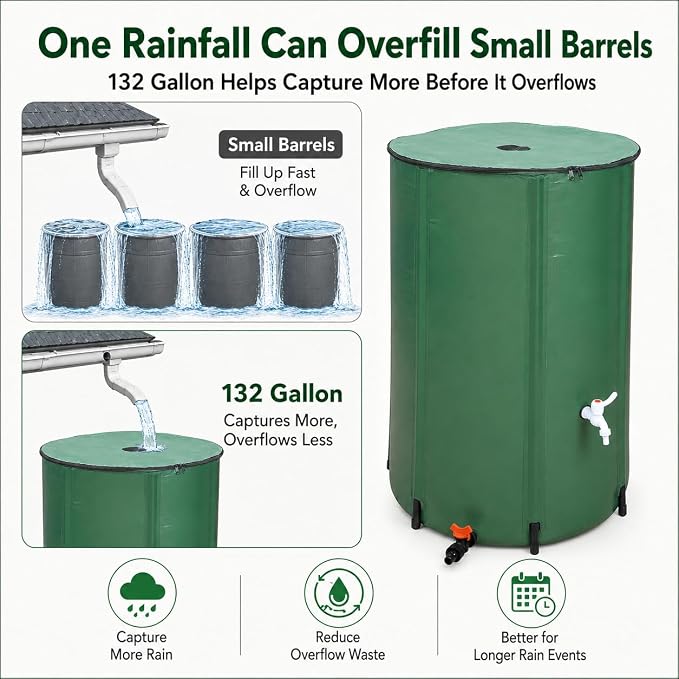 132 Gallon Collapsible Rain Barrel, Portable Rainwater Collection System, Water Storage Tank, Rain Catcher Barrel with Two Spigots and Overflow Kit, Rain Water Barrel Collector for Garden, Green