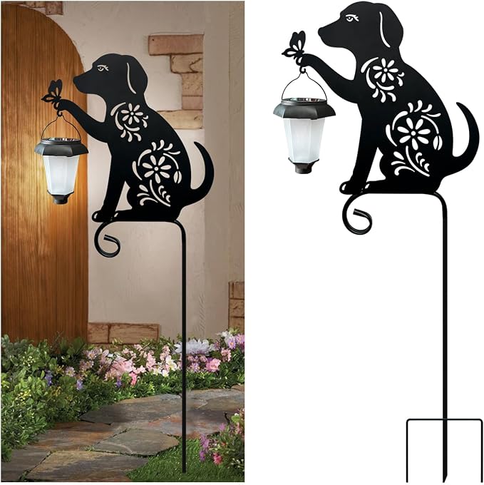Dog Holding Solar Lantern Garden Stakes Outdoor Metal Dog Stakes Decorative Garden Stakes Suitable for Yard and Lawns(Dogs Decor Garden Stake)