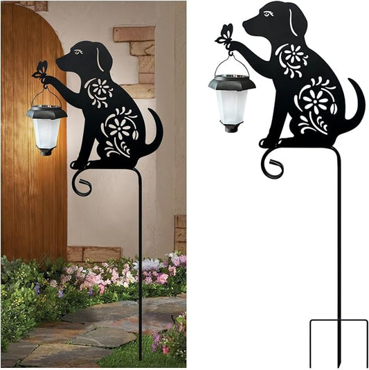 Dog Holding Solar Lantern Garden Stakes Outdoor Metal Dog Stakes Decorative Garden Stakes Suitable for Yard and Lawns(Dogs Decor Garden Stake)