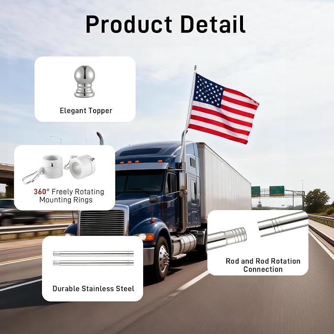 Silver House Flag Pole Kit, (2 Packs) 6 FT Stainless Steel Tangle Free Spinning Flagpoles with Two-Position Wall-Mounted Flag Pole Holder for 3x5 American Flags, Outside House Porch (No Flag)
