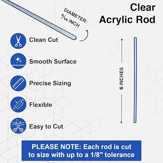 Duco USA-Made 3/16" Clear Acrylic Rods - 12 Pack of 6 Inch Plastic Dowel Rods for Crafts, Cake Topper Sticks, DIY Models, Acrylic Poles, Plant Stakes - Shatter-Resistant Clear Plexiglass Rods