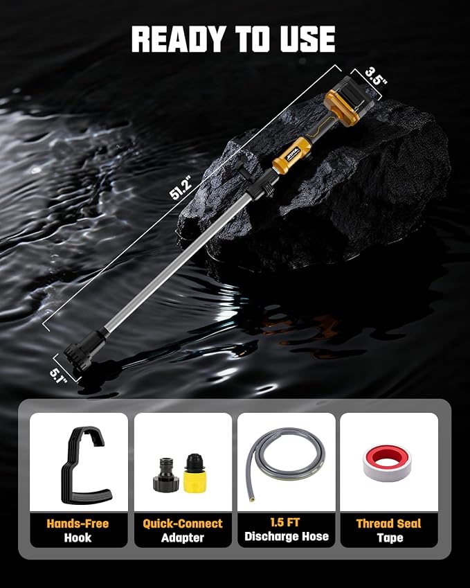Cordless Stick Water Transfer Pump Compatible with DeWalt 20V Max Battery (Tool Only), 720 GPH Portable Electric Utility Pump with 32FT Lift, Brushless Sump Pump for Pool, Garden, Pond, RV and Boat