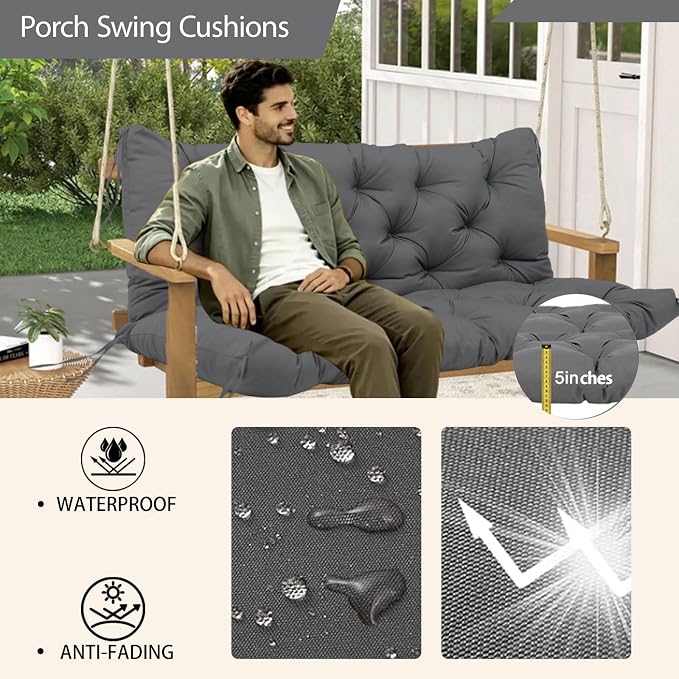 60 Inch Outdoor Swing Cushions Waterproof Extra 5" Thick 3 Seater Porch Swing Replacement Cushions with Backrest and Ties Fade-Resistant for Outdoor Patio Long Bench Furniture(Dark Gray)