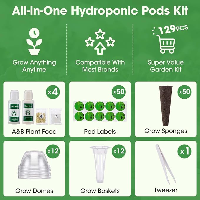 129Pcs Hydroponic Pods Kit with A&B Plant Food, 50 Grow Sponges, 50 Plant Labels, 12 Grow Baskets, 12 Grow Domes and 1 Tweezers - Indoor Hydroponics Supplies