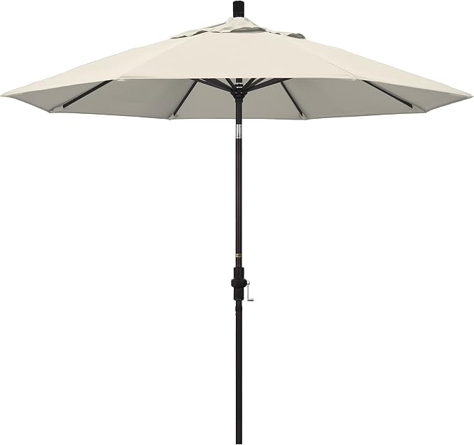 California Umbrella 9' Round Aluminum Market Umbrella, Crank Lift, Collar Tilt, Bronze Pole, Antique Beige Olefin