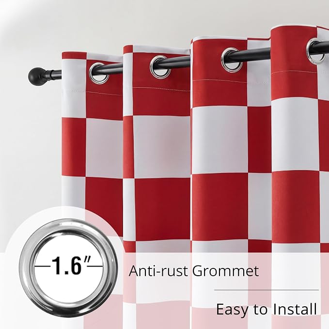 BOMOHOCASA 100% Blackout Checkered Curtains – 2 Panels, Each W52×L96, Thermal Insulated, Nosie Reducing for Bedroom, Modern Cabin Red and White Checkerboard Design