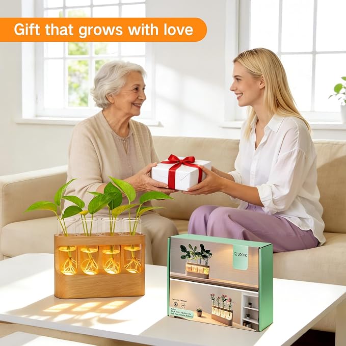 OUTON Rechargeable Plant Propagation Station with LED Light, Wooden Propagation Vase Set with Glass Tubes, Lighted Plant Terrarium for Indoor Plant Cuttings, Gift for Plant Lovers