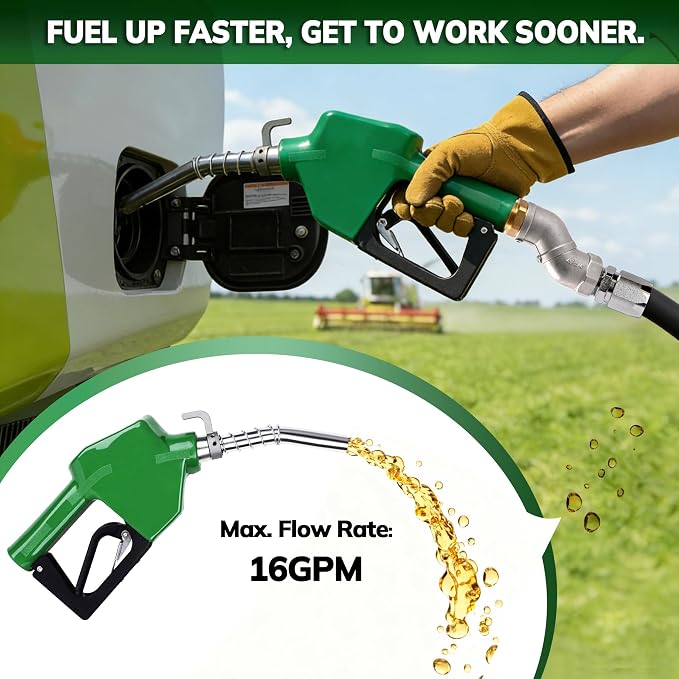 3/4" Green NPT Fuel Transfer Nozzle Kit, High Flow Auto Shut-Off Fuel Nozzle with 360° Hose Swivel, Suitable for Diesel, Gasoline, Kerosene (13/16" Spout, 3 Gear Padlock, 16 GPM)