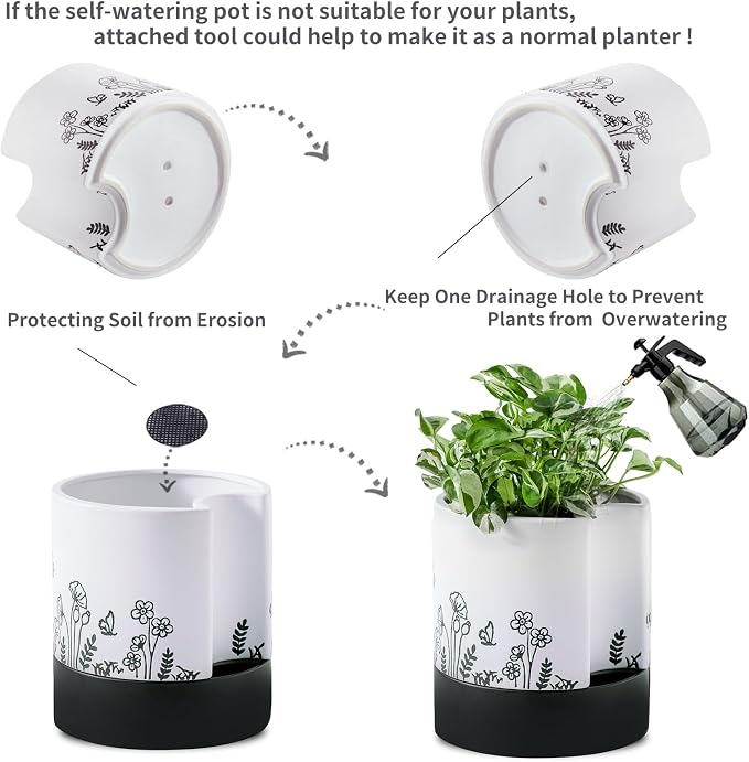 Nihow Self Watering Pots for Indoor Plants,8 Inch,White,Hand Painting | Ceramic Planter, Drainage Hole & Water Storage Plus, Cylinder Round Flower Pot, For Succulent/Herbs/Violets