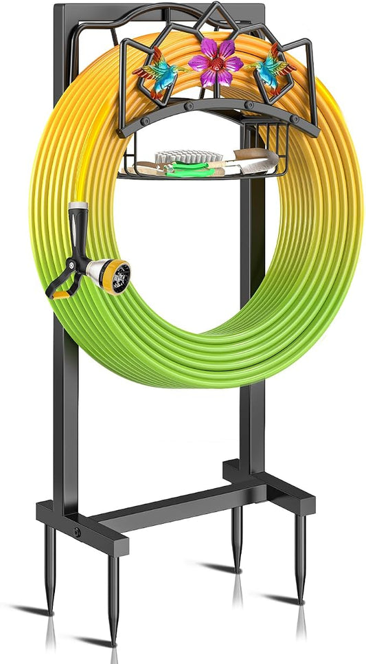 Garden Hose Holder, Heavy Duty Metal Water Hose Holder with Storage Basket, Freestanding Hose Stand Hanger, Sturdy Hoses Storage Rack 150-feet for Outside Yard Lawn