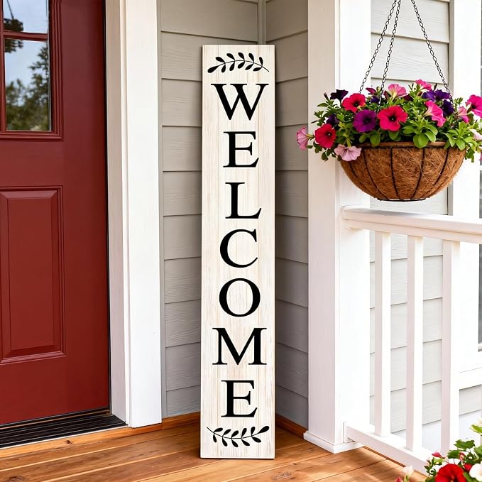 Farmhouse Wooden Welcome Sign Stand for Front Door, 47" Large Welcome Sign for Front Porch, Rustic Vertical Tall Porch Leaner Decor for Outdoor Patio Garden