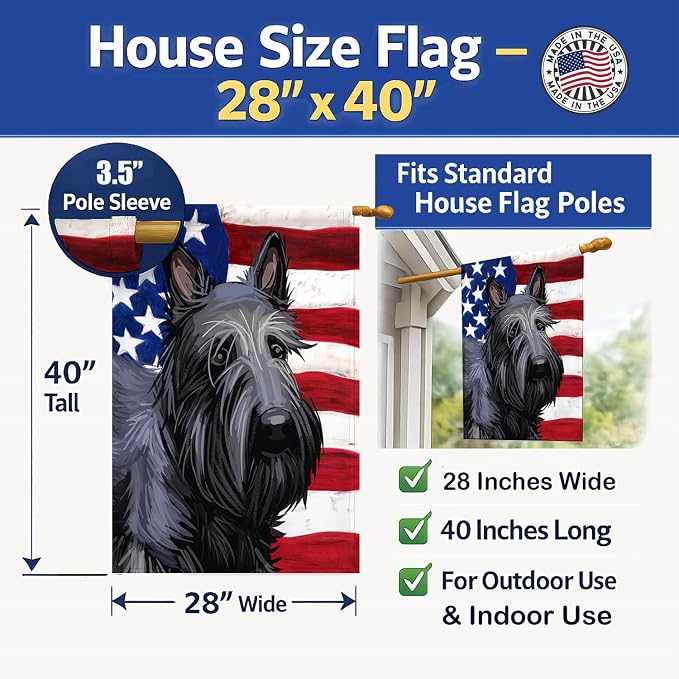 Caroline's Treasures CK6696CHF Scottish Terrier Dog American Flag House Flag Large Porch Sleeve Pole Decorative Outside Yard Banner Artwork Wall Hanging, Polyester, House Size, Multicolor