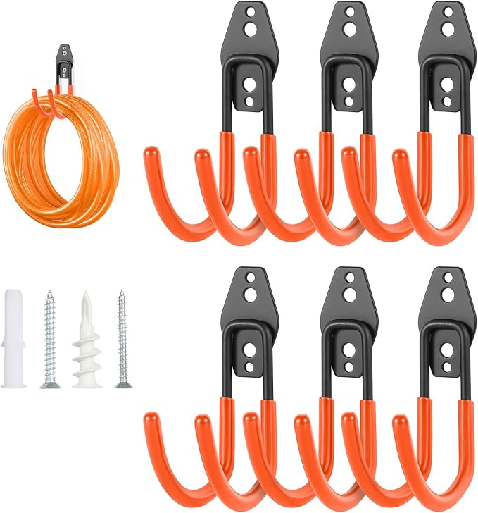 Upgraded Garage Hooks, 6 Pack Heavy Duty Wall Mount Steel Utility Hooks, Storage System Hooks for Power Tools, Garden Hose, Ladder, Bike, Cords, and More