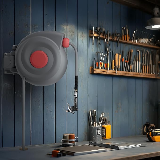 Retractable Air Hose Reel, 3/8" x 65ft Air Hose with Air Blow Gun, Adjustable Length Lock, 180° Rotating Wall Mount Air Tool for Garage and Workshop
