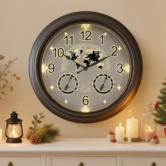 Pytha Sight Illuminated Large Indoor Outdoor Clocks Waterproof 18 Inch with Smart Night Light Sensor,Star World Map Design with Thermometer & Hygrometer for Patio, Pool, Garden,Housewarming Gift