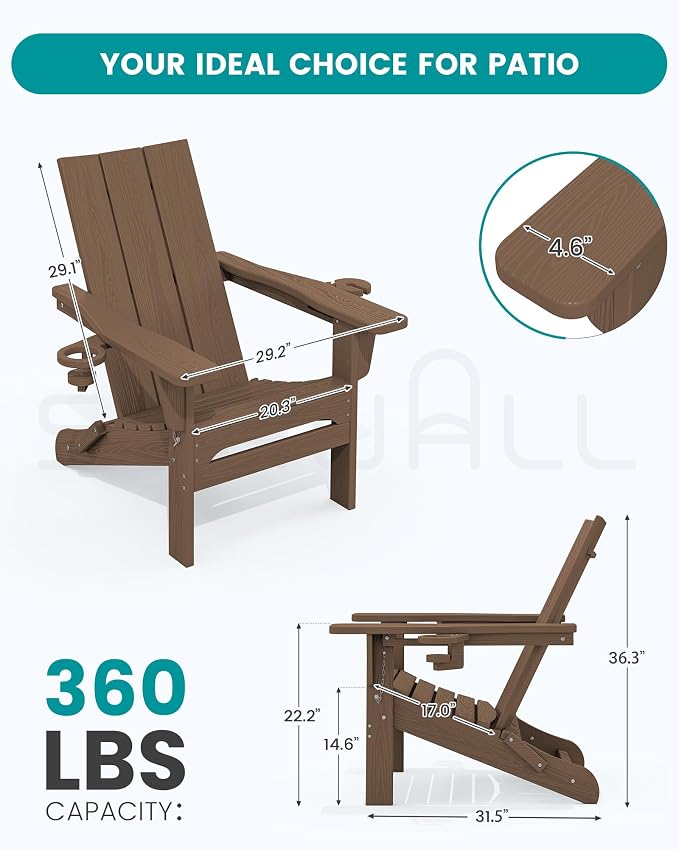 SERWALL Modern Folding Adirondack Chair Set with 9 Ft Umbrella, Folable Adirondack Chairs Set of 2 with Cup Holders, HDPE Fire Pit Chairs for Patio Lawn Garden, Brown (Umbrella Base is not Included)