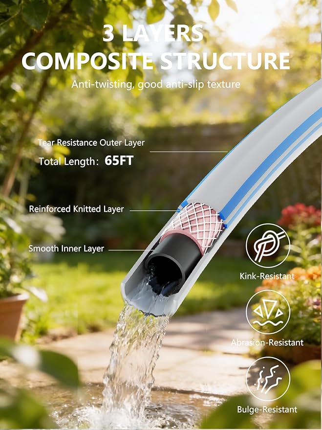 Retractable Garden Hose Reel 1/2 in x 65 ft Heavy Duty Automatic Water Hose Reel with 10-Function Sprayer Nozzle Kink-Free Auto Rewind Any-Length Lock 180° Swivel UV Resistant - Light Gray