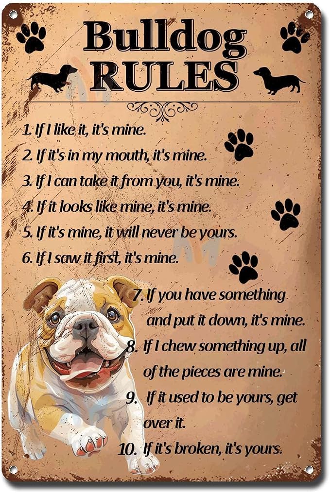 Metal Sign Tin Sign Vintage Wall Art Bulldog Rules Bar Sign for Room 12×16 Inches