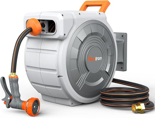 Retractable Garden Hose Reel 85 ft x 1/2 inch, Heavy Duty Automatic Garden Hose Reels, High-Flow, Any Length Lock, 180° Swivel Bracket, Brass Fitting, Wall Mount Water Hose Reel for Outside