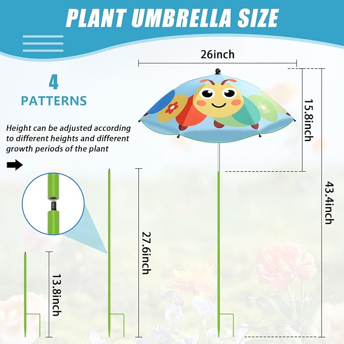 Axcoix 4 Pack Upgraded Plant Umbrellas for Outdoor Plants, 26" Larger Garden Plant Umbrella Shade with Adjustable Angle, 43.4" Higher Sun Shade with Animal Prints for Plants, Potted Plant, Garden Beds