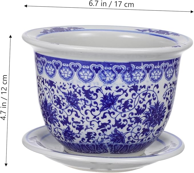 Blue and White Flower Pot with Drain Hole, Blue and White Planter Ceramic Ceramic Decorative Flower Pot Chinoiserie Planter, Diameter 6.7 inch