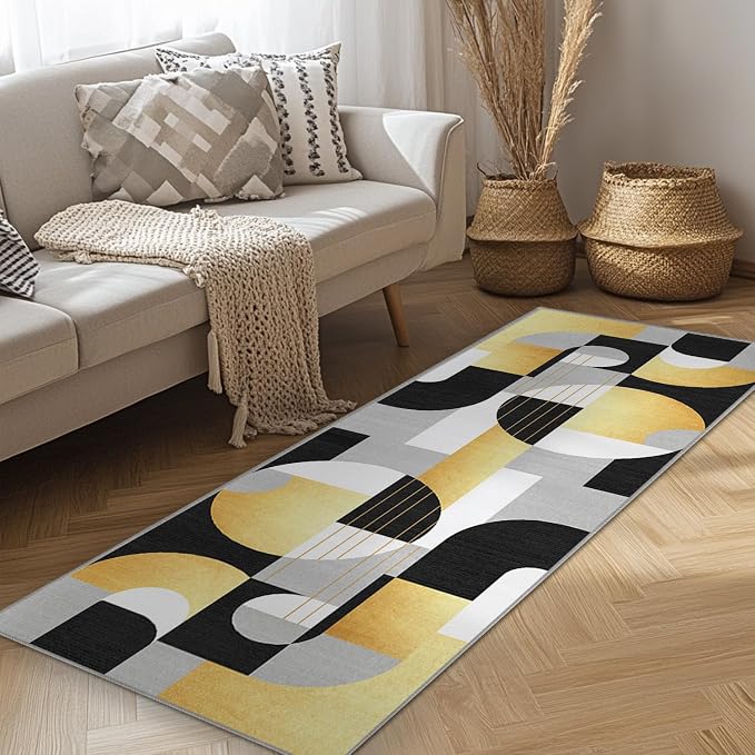 2x6 Black and Gold Geometric Modern Runner Rug for Kitchen Entryway Hallway Abstract Area Rug Machine Washable Non-Slip Carpet for Bedroom Bathroom Bedside