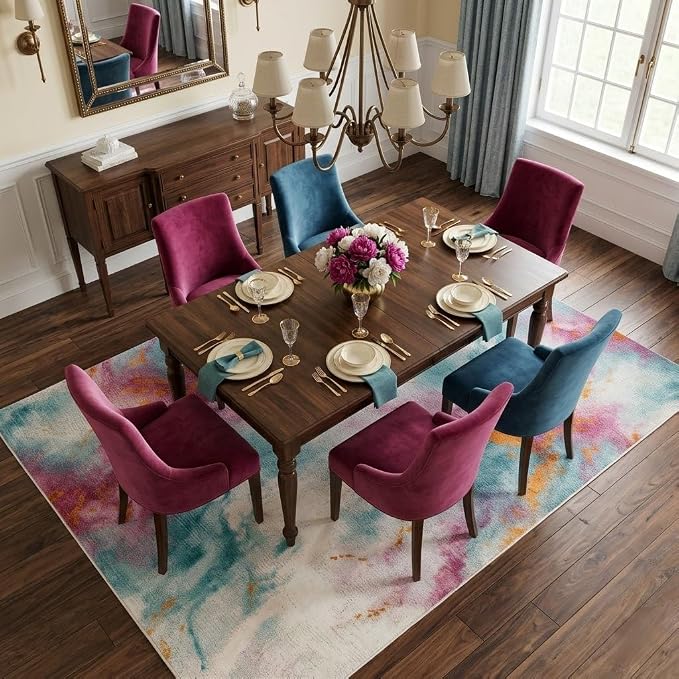 5x7 Pink and Blue Modern Abstract Watercolor Area Rug | Faux cashmere low-pile, washable non-slip foldable rug for living rooms, bedrooms and dining rooms.