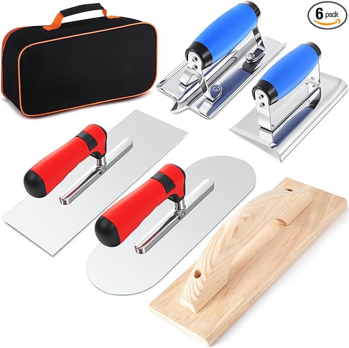 MorningRo 6pcs Concrete Hand Tools Set Masonry Tools Includes Stainless Steel Concrete Hand Edger, Groover, Wood Float, Finishing Trowel, Pool Trowel and Tool Bag for Cement Beginner Kit