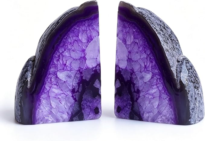 Natural Purple Dyed Agate Geode Bookends - 4 to 5lb Heavy Duty Rock Crystal Stone Book Ends for Shelves, with Rubber Bumpers, Decorative Book Holders for Home Office