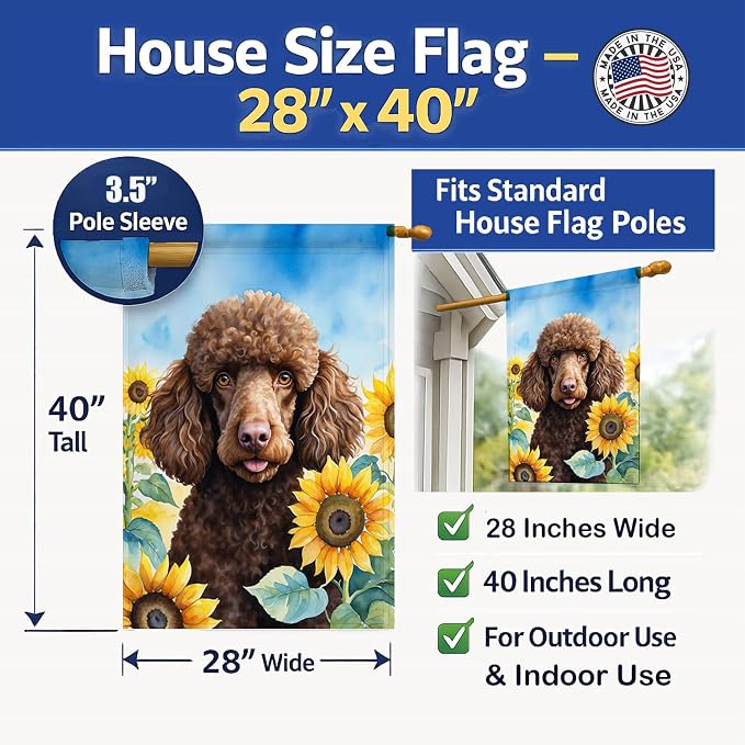 Caroline's Treasures DAC6140CHF Chocolate Poodle in Sunflowers House Flag Large Porch Sleeve Pole Decorative Outside Yard Banner Artwork Wall Hanging, Polyester, House Size, Multicolor