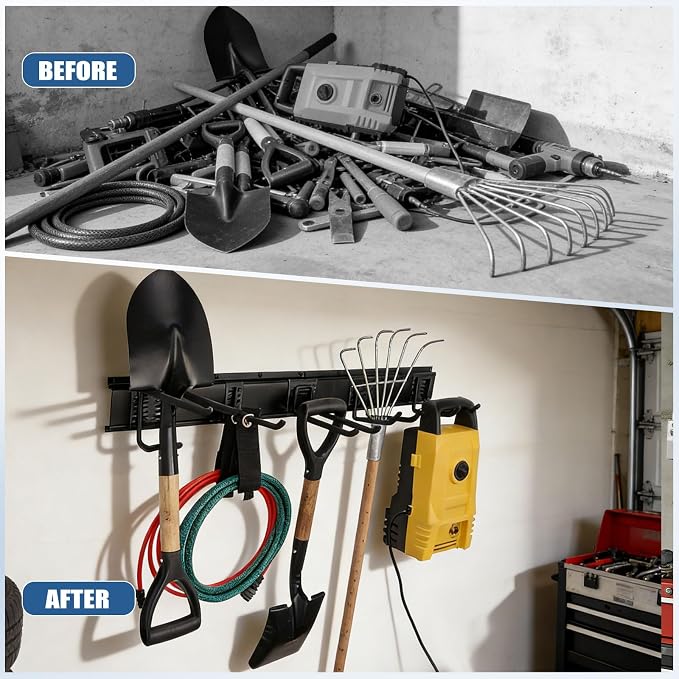 Garage Tool Organizer Wall Mount 49.5" - 520lbs Heavy Duty Metal | Garage Wall Organizer with 11 Adjustable Hooks, Space-saving Hanging Rack for Garden Yard Tools, Shovel, Ladder, Weed Eater