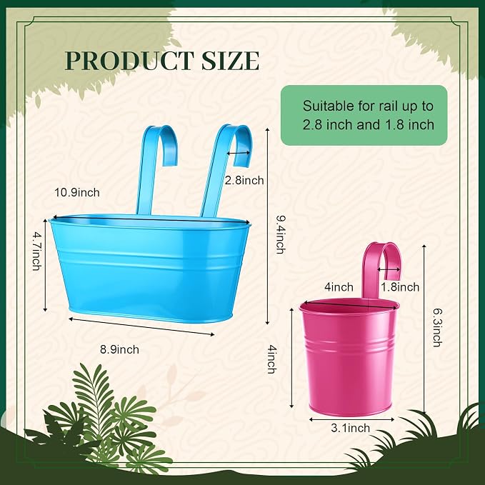 16 Pcs Hanging Flower Pots Planters for Outdoor Metal Iron Wall Flower Planter Baskets for Railing Fence Balcony Garden Yard Home Indoor Decoration with Detachable Hooks (Colorful)