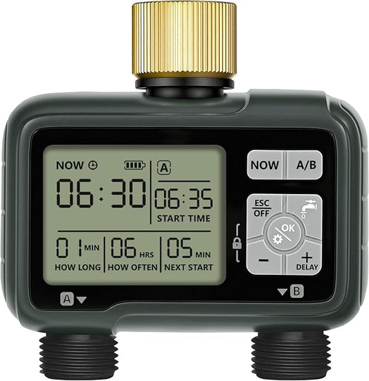 2 Zone Brass Sprinkler Timer, Garden Hose Timer, Automatic Irrigation System, Programmable Faucet, 2 Outlets, with Rain Delay, Manual Mode,Child Lock, for Yard, Garden, Lawn, Green E12WT06