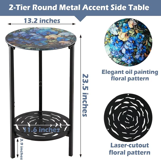2-Tier Metal Round Side Table Black Accent Coffee Tables Small Space Corner Plant Stand Shelf for Indoor Outdoor Use Patio Balcony End Table Floral Print Weather-Resistant