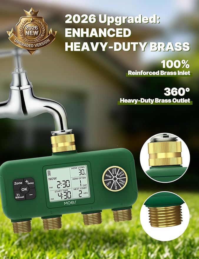 MOES 4 Zone Water Timer for Garden Hose, 1 in Inlet with 3/4 in Adapter, Brass Outlets, Battery Operated Sprinkler Timer, 4 Way Faucet Valve, Sequential Watering, Rain Delay, Non-WiFi