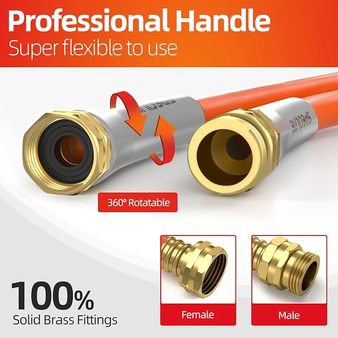 SPECILITE Garden Water Hose 25 ft x 5/8 in Heavy Duty, Flexible and Lightweight, Burst 600 psi, Kink-less Hybrid Rubber Pipe for Backyard, 3/4'' Brass Fittings, Orange