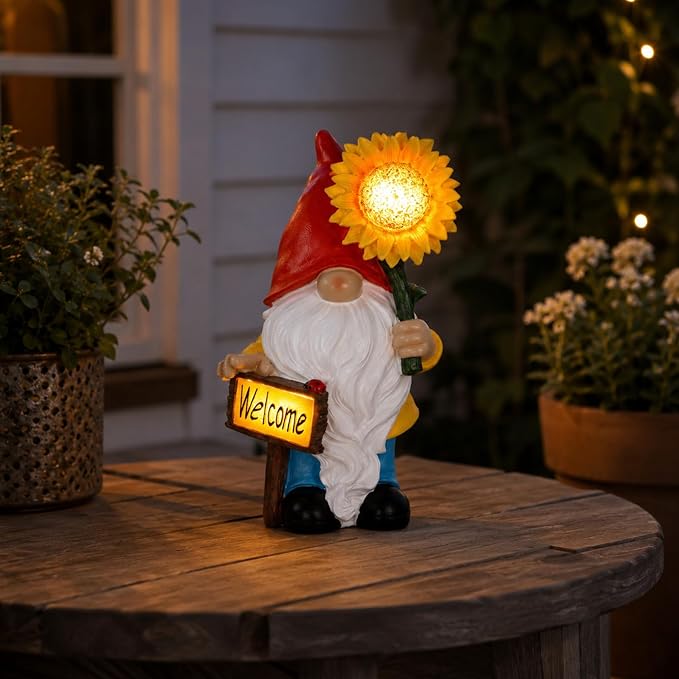 Solar Garden Gnome Outdoor Statue, 11.8" Resin Outdoor Gnome Garden Decor with Lighted Sunflower and Welcome Sign for Yard Patio Porch Lawn Decorations, Garden Gifts for Housewarming and Festivals