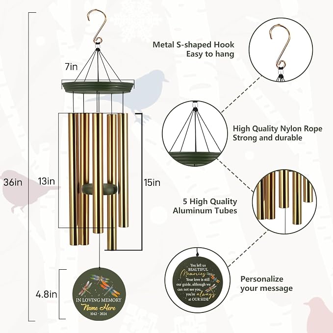 ASTARIN Memorial Dragonflies 36" Wind Chimes, Personalized Name Sympathy Wind Chime, in Memory of Loss Mom Loved One, Large Deep Tone Bereavement Windchimes for Patio Clearance(Produced in Texas)