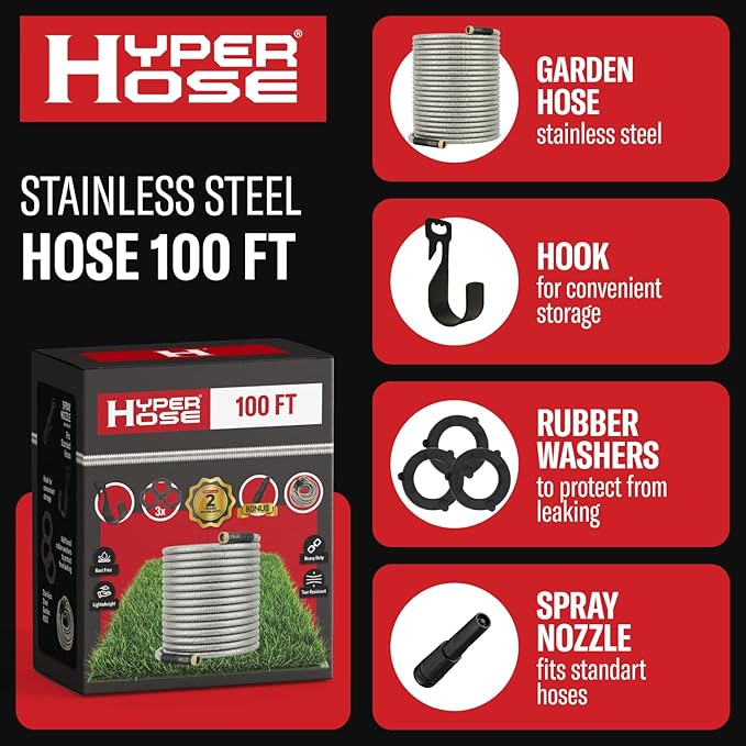 Best 100 ft Metal Garden Hose - No-Kink Durable 316 Stainless Steel, Spray Nozzle & Hook – Tough Flexible Heavy Duty Water Hoses, 5/8 in, Rust, Weather, LeakProof