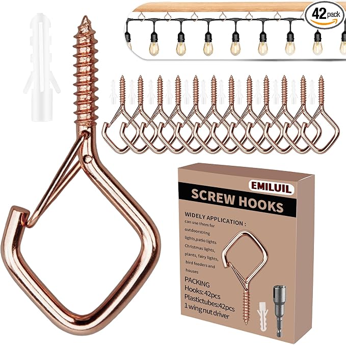 42 PCS Metal Rose Gold Eye Screw Hooks for Hanging Heavy Duty.Windproof Ceiling Hooks for Hanging Plants,Cup,Wind Chime,Bird Feeders,Christmas String Lights at Indoor&Outdoor 2.2 Inch