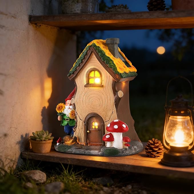 11.42" Solar Garden Gnome House Statue with Lighted Resin Fairy House | Sunflower and Mushroom Decor for Patio, Yard, Porch, Entryway and Balcony, Charming Garden Sculpture Gift for Mom and Grandma