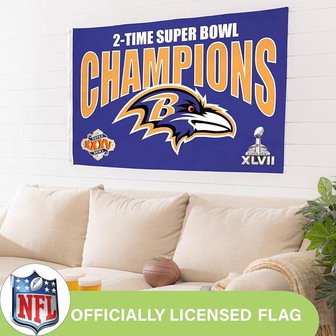 Team Sports America NFL Baltimore Ravens Multi-Win Superbowl Champions 3x5 Flag for Outside with Grommets | Outdoor & Indoor | Heavy Duty Flag & Banner | Works with Flag Pole for Outside House