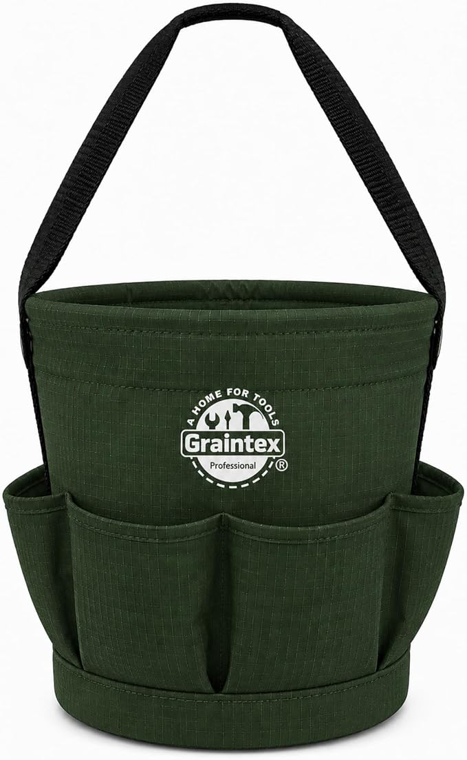 Graintex Tapered Canvas Bucket 12"x10"x15", Utility Tool Bucket 6 Pockets Outside, Reinforced Base & Carry Handle, Ripstop Canvas, Multi-Purpose Bag for Jobsite & Home Use (Hunter Green)