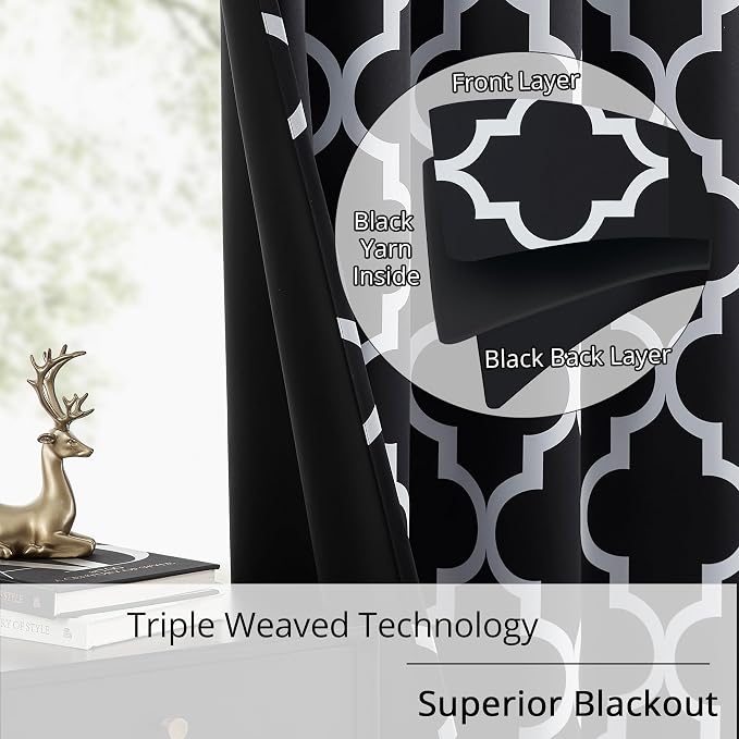 Moroccan Trellis Black and White 100% Blackout Curtains for Bedroom – Thermal Insulated, Noise Reducing, Grommet Top, 52×84 in,2 Panels