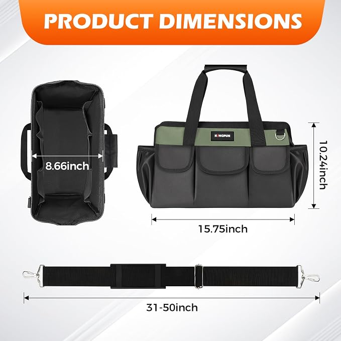 Kingfun 16 Inch Heavy Duty Wide Mouth Tool Bag with 14 Pockets | Adjustable Shoulder Strap & Padded Handle, Durable Tool Storage Bag for Electricians, Mechanics & more (Green)